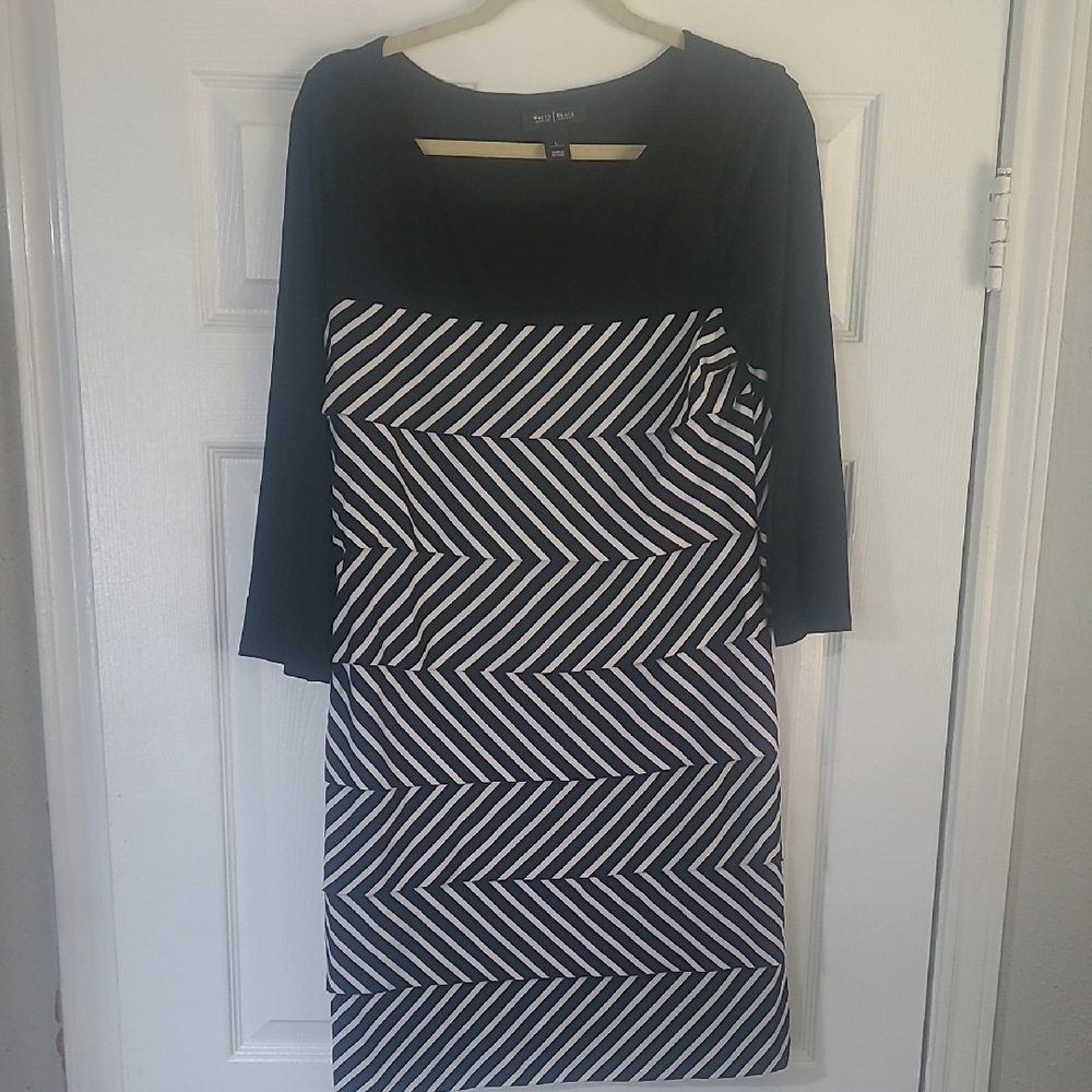 Nine West Black and White Sheath Dress 3/4 Sleeve Crew Neck